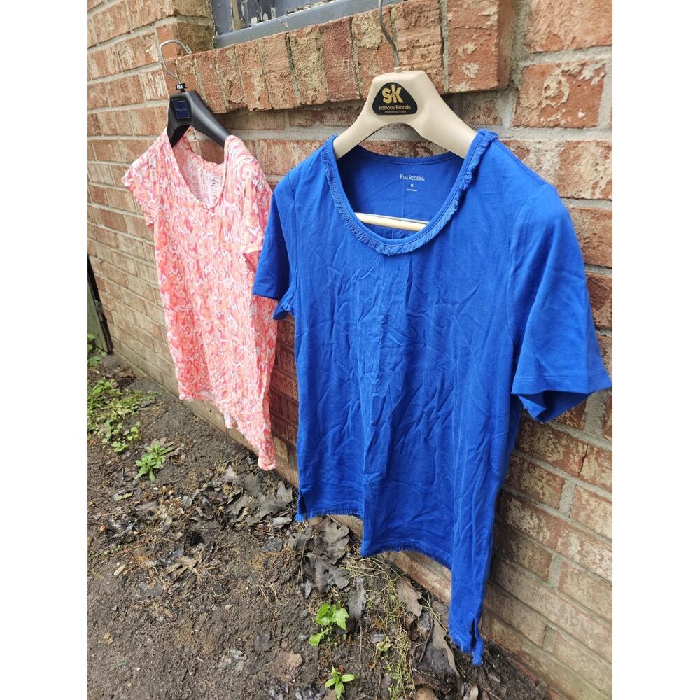 Lot 2 Women Medium Tops Bright Pink Abstract Print Royal Blue Fringed Neckline